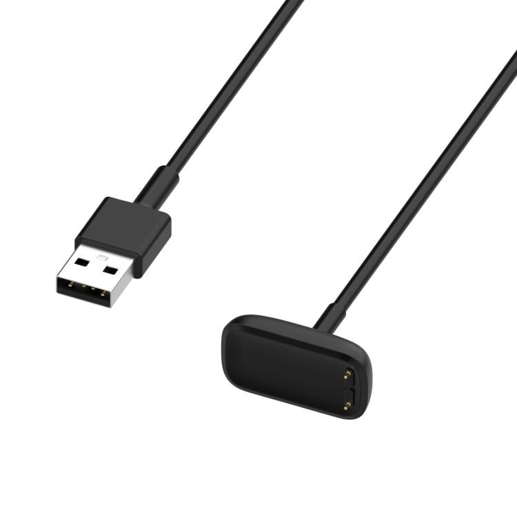 Close-up of the black charging cable's USB-A plug and two-pin watch connector