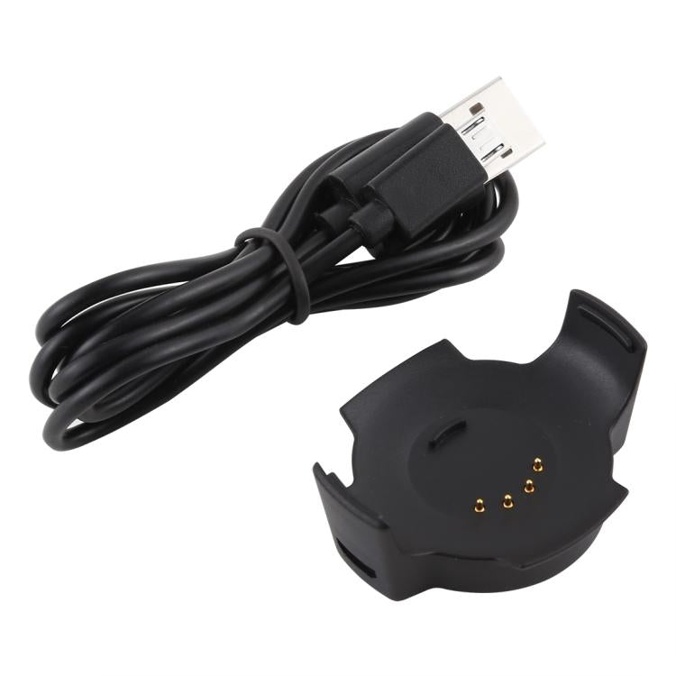 Black smartwatch charging cradle with coiled USB cable and gold charging contacts