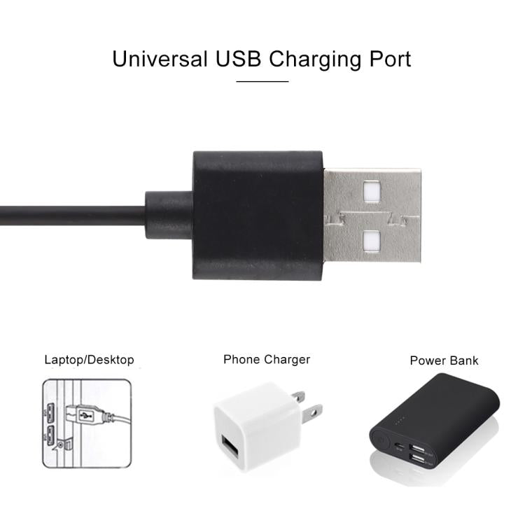 USB-A charging cable plug shown with laptop, wall adapter, and power bank