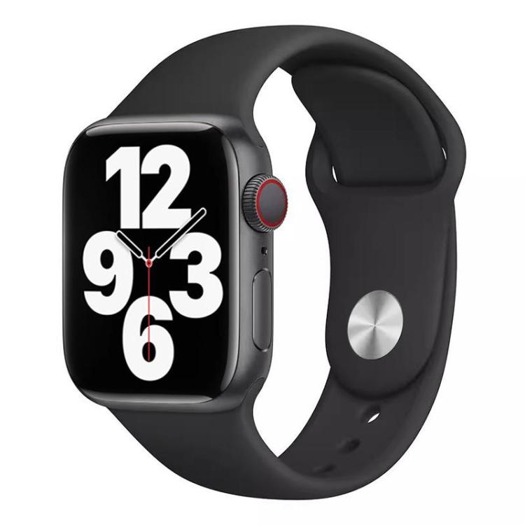 Black silicone sports watch band fitted to a smartwatch