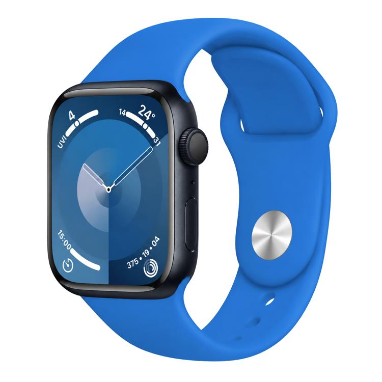 Bright blue silicone sports watch band fitted to a smartwatch