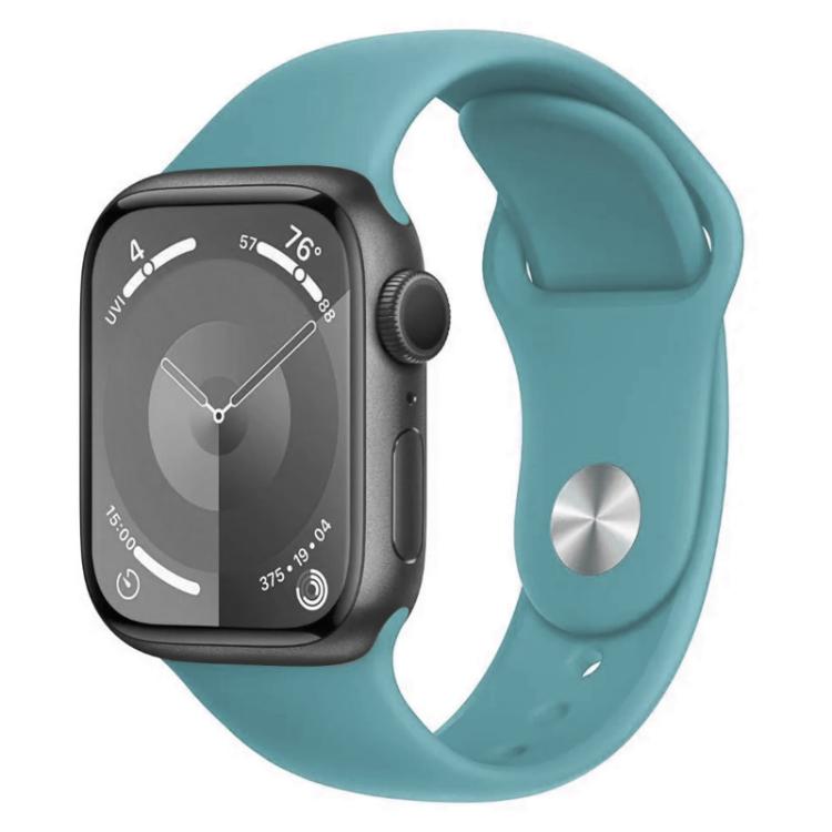 Teal silicone sports watch band fitted to a smartwatch