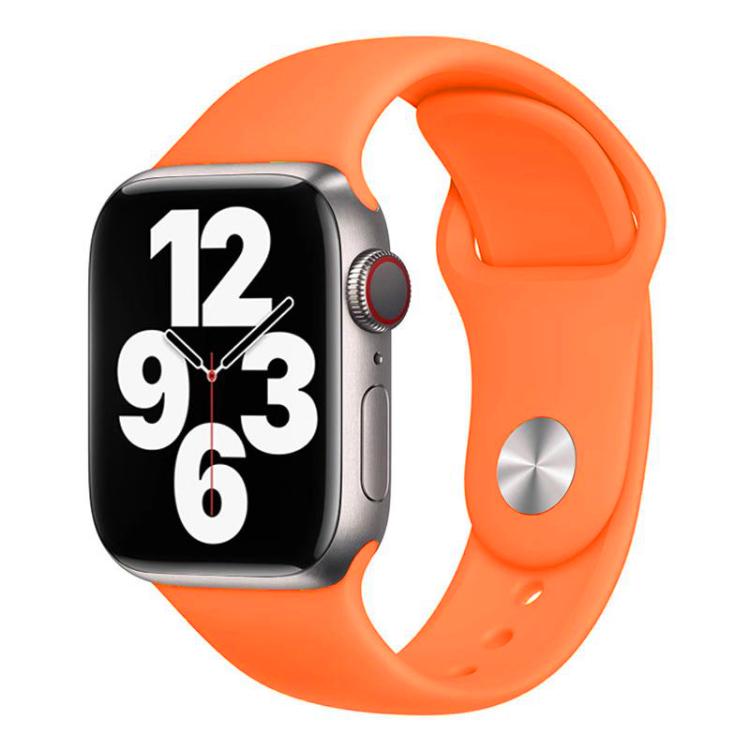 Orange silicone Apple Watch band with pin-and-tuck closure, shown on a watch.