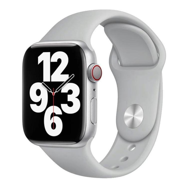 Light gray silicone Apple Watch band with pin-and-tuck closure, shown on a watch.