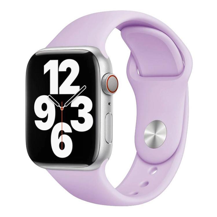 Light purple silicone Apple Watch band with pin-and-tuck closure, shown on a watch.