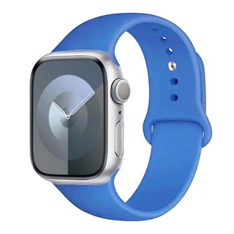 Blue silicone Apple Watch band with buckle closure and adjustment holes, shown on a watch.
