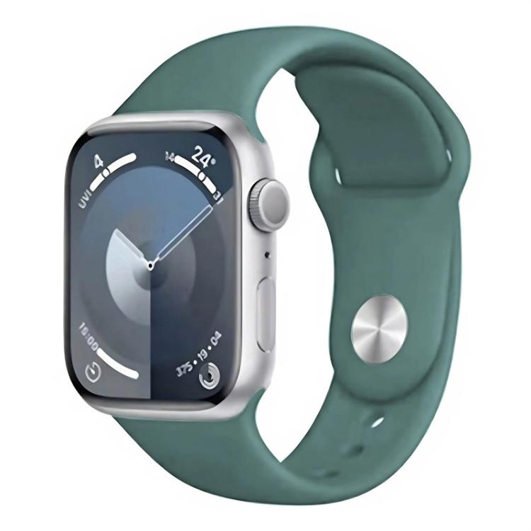 Dark green silicone Apple Watch band with pin-and-tuck closure, shown on a watch.