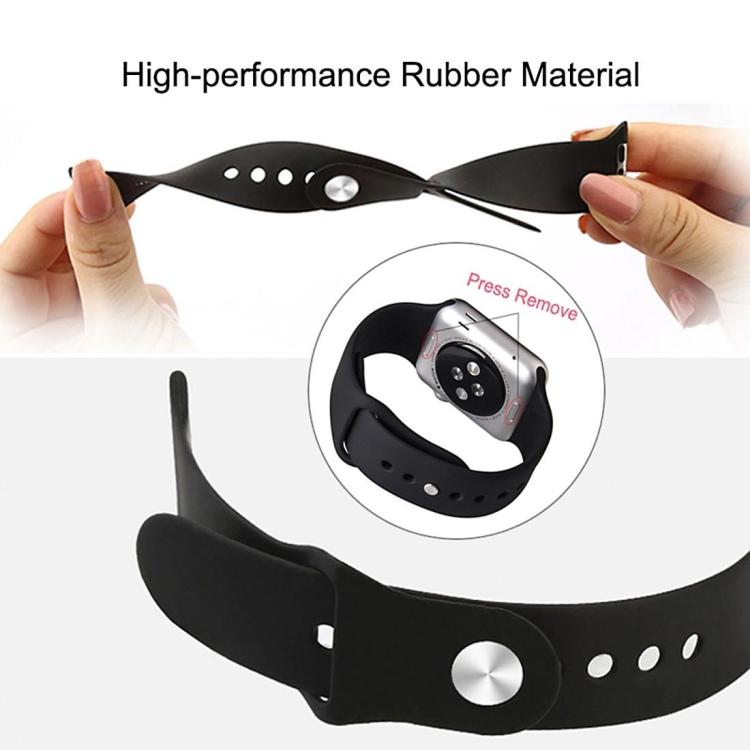Black silicone watch band with adjustable holes and round metal stud closure