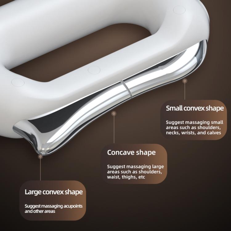 Electric heating fascia massage tool with contoured curved blade head, white casing