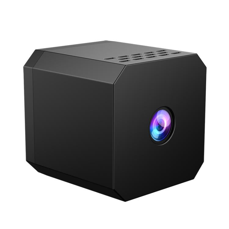 Black cube WiFi mini security camera with front lens and ventilation slots