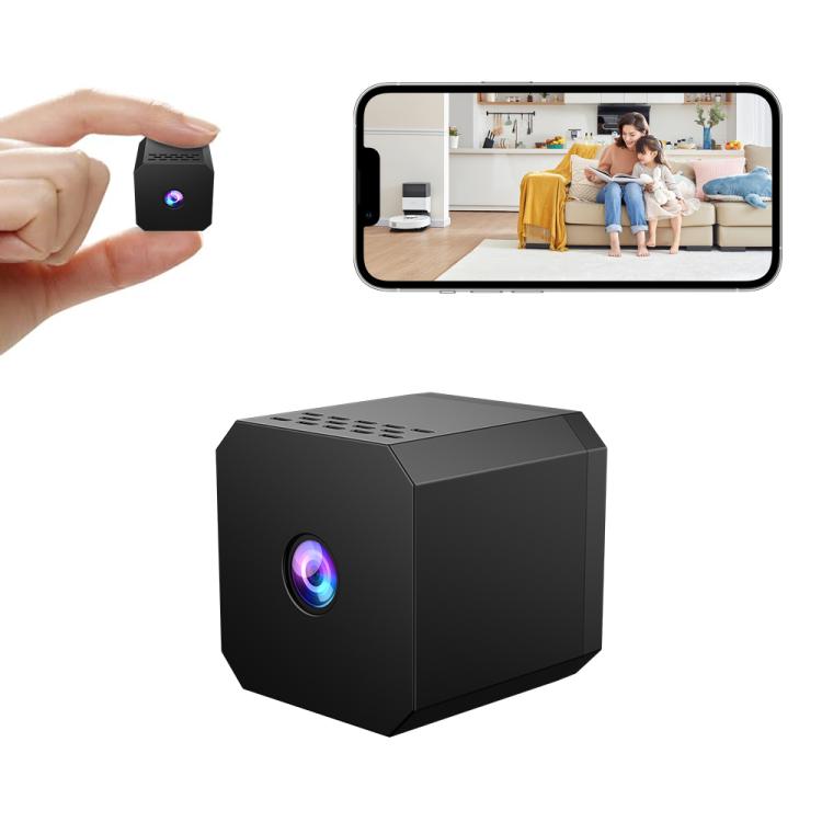 Black cube WiFi mini security camera with glowing lens, shown in hand and on phone