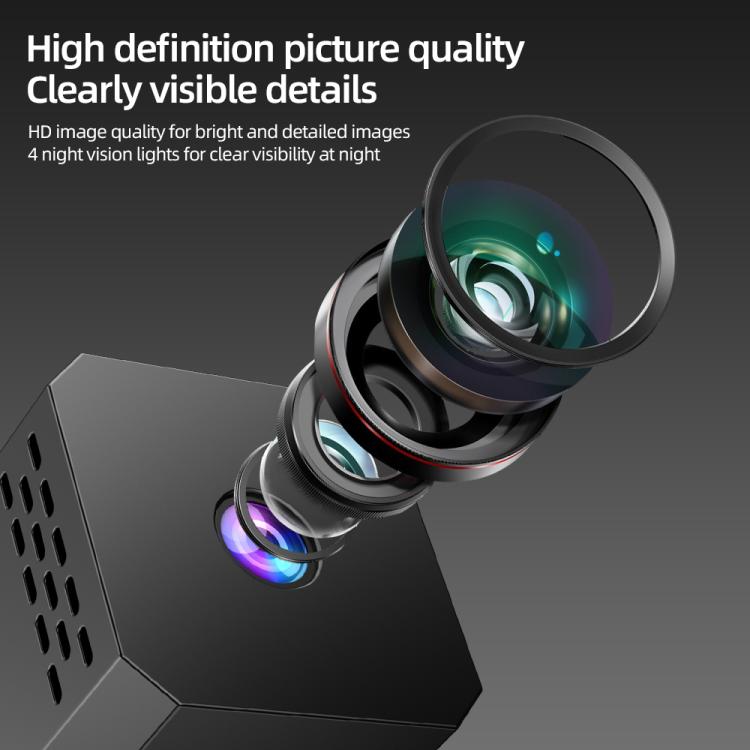 Close-up of black WiFi mini security camera lens with blue infrared glow