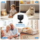 Black WiFi mini security camera highlighted in a circular product view with pet and home scenes
