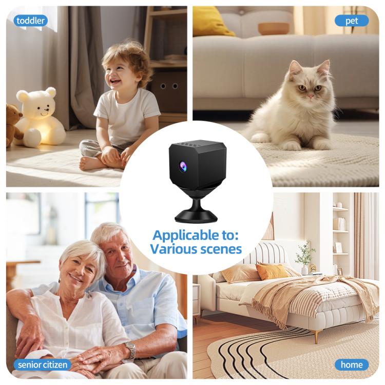 Black WiFi mini security camera highlighted in a circular product view with pet and home scenes