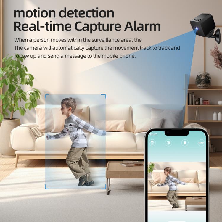 Black cube WiFi mini security camera with smartphone app capture alert shown