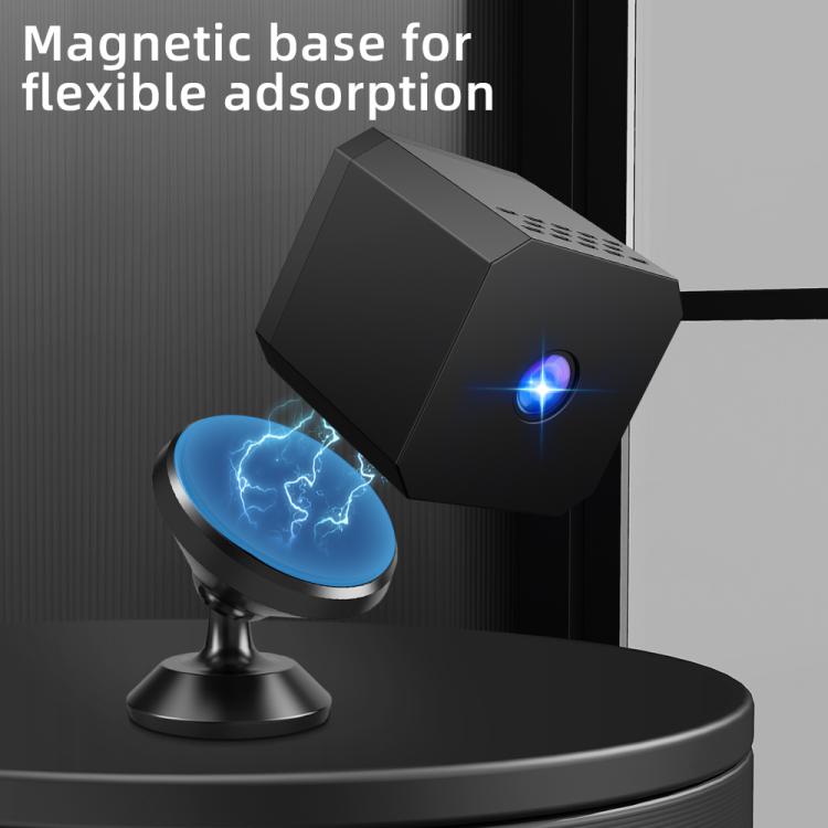 Black WiFi mini security camera mounted on magnetic base with blue lens glow