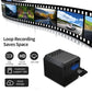 Black WiFi mini security camera with side ports and blue status light