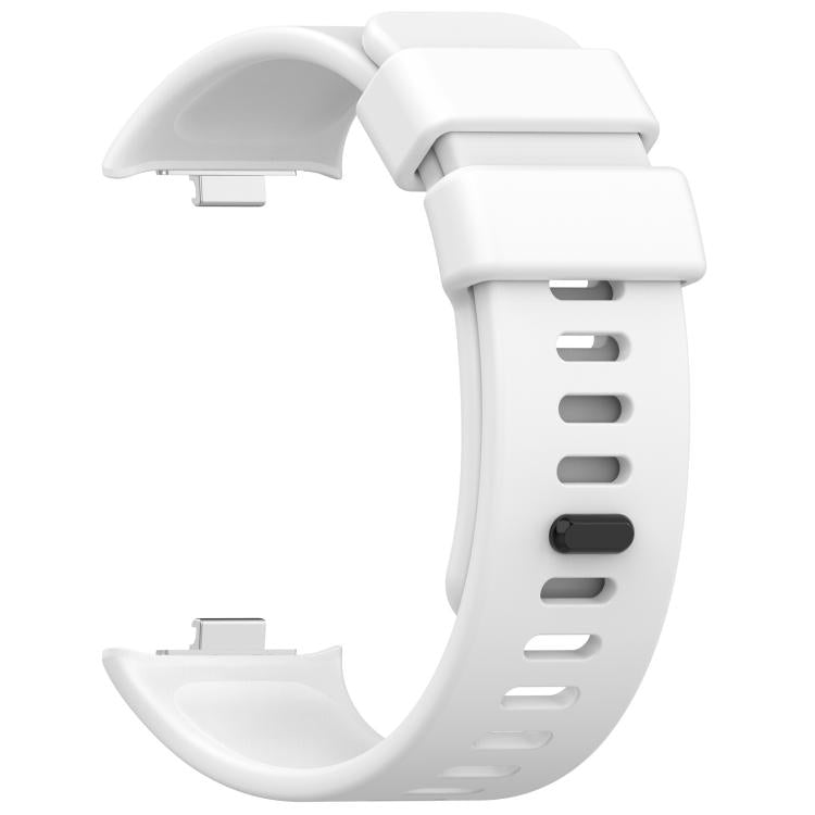 White silicone sports watch band with buckle, adjustment holes and watch attachment connectors.