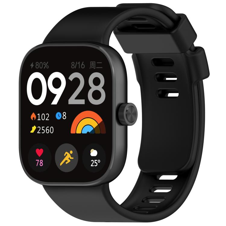 Black silicone sports watch band fitted to a black smartwatch, with buckle and adjustment holes.