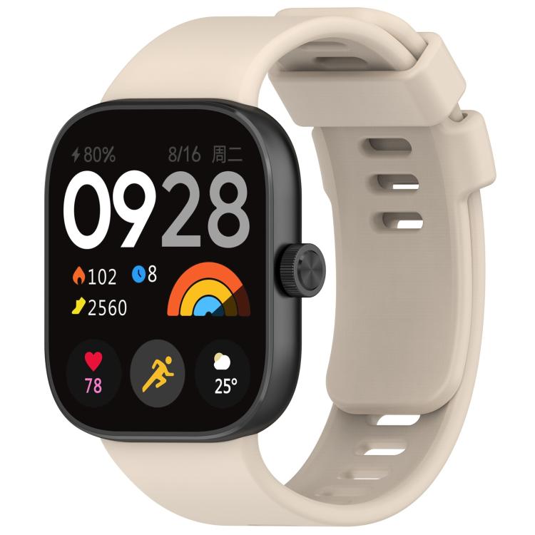 Starlight silicone sports watch band fitted to a black smartwatch, with buckle and adjustment holes.