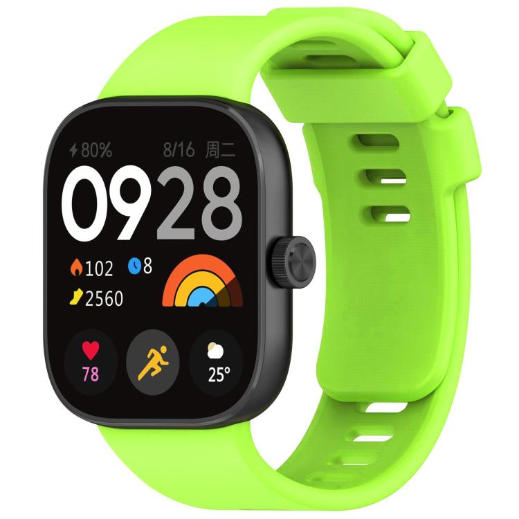 Lime green silicone sports watch band fitted to a black smartwatch, with buckle and adjustment holes.