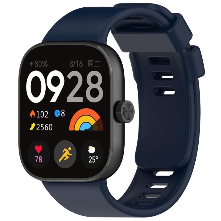 Dark blue silicone sports watch band fitted to a black smartwatch, with buckle and adjustment holes.