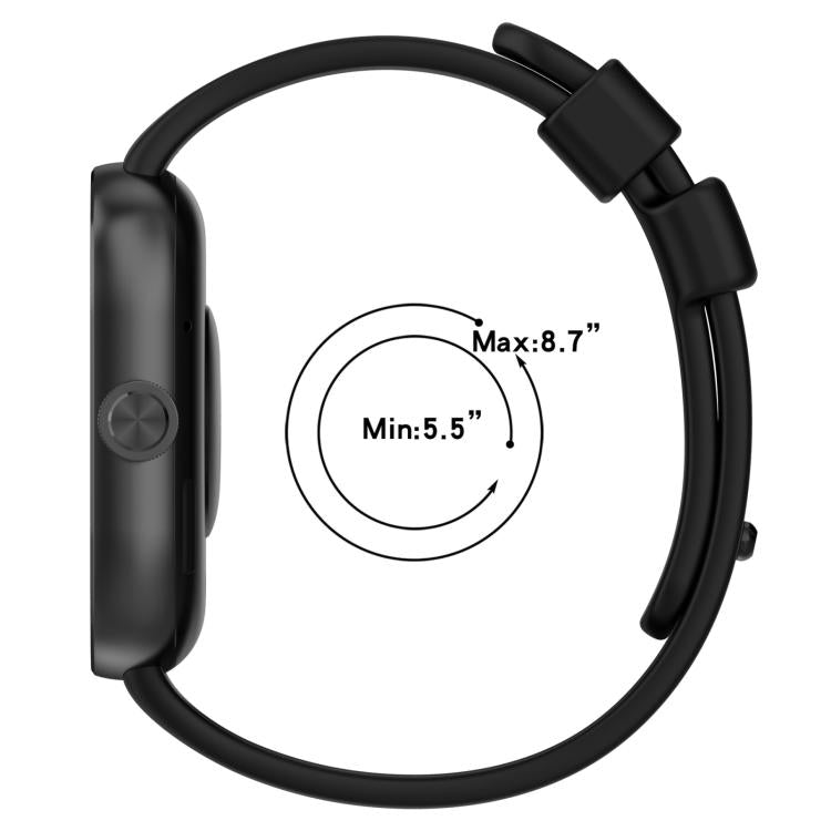 Black silicone watch band shown in a loop, with a 5.5 to 8.7 inch fit range.