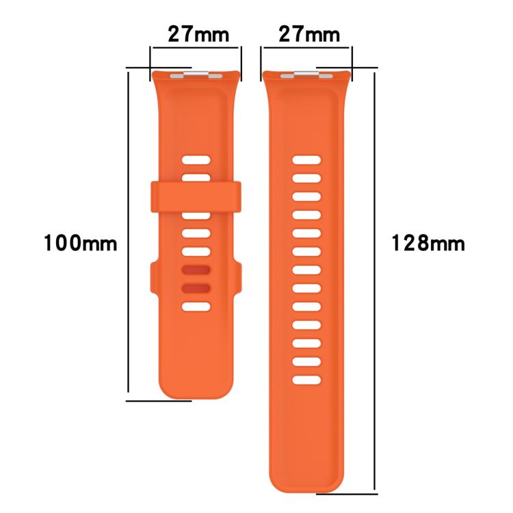 Orange silicone watch band pieces with 27 mm width and 100 mm and 128 mm lengths.