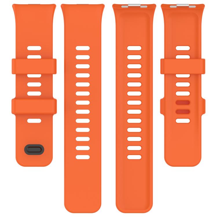 Orange silicone watch band components with buckle, keepers, and adjustment holes.