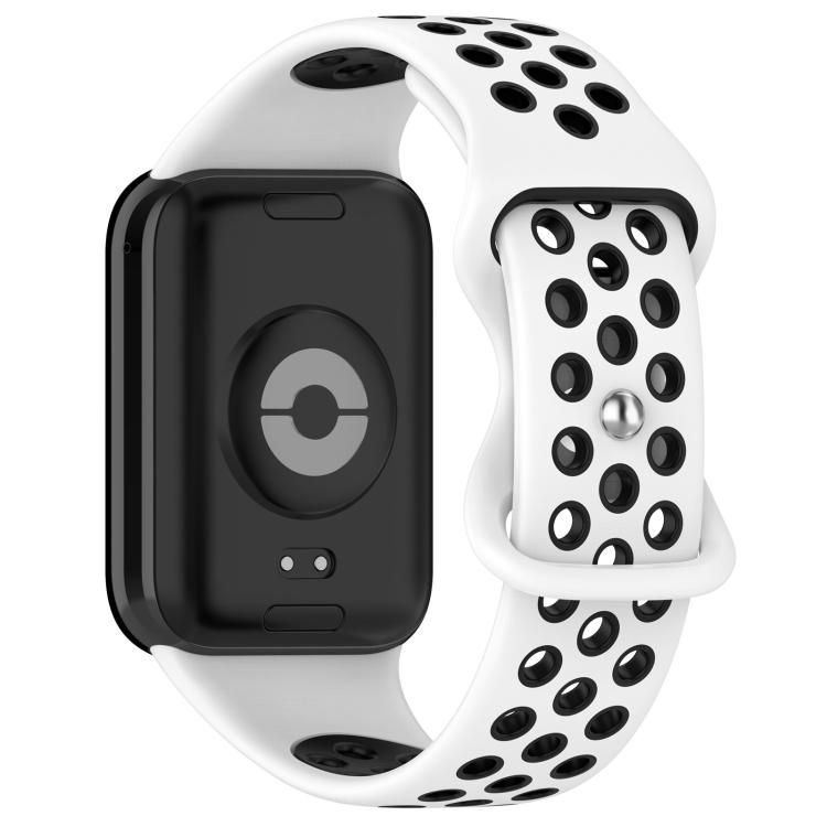 White and black perforated silicone watch band, back view with buckle
