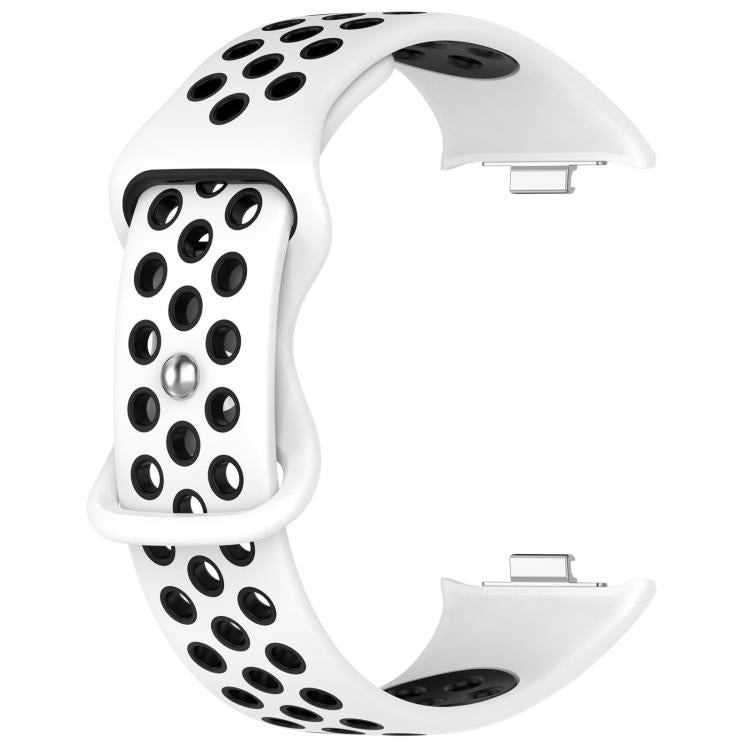 White and black perforated silicone watch band with metal connectors