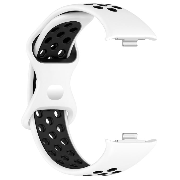 White and black silicone watch band showing butterfly buckle
