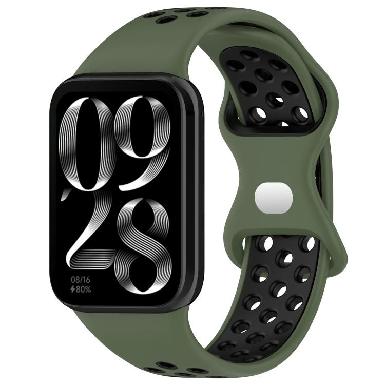 Olive green and black perforated silicone watch band with smartwatch