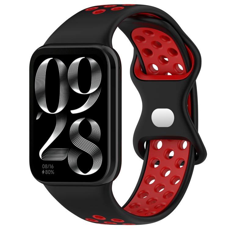 Black and red perforated silicone watch band with smartwatch