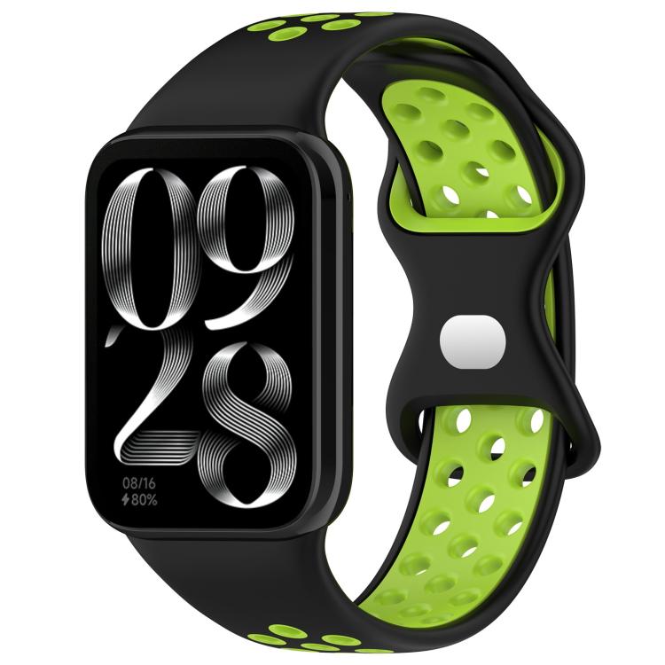 Black and lime green perforated silicone watch band with smartwatch