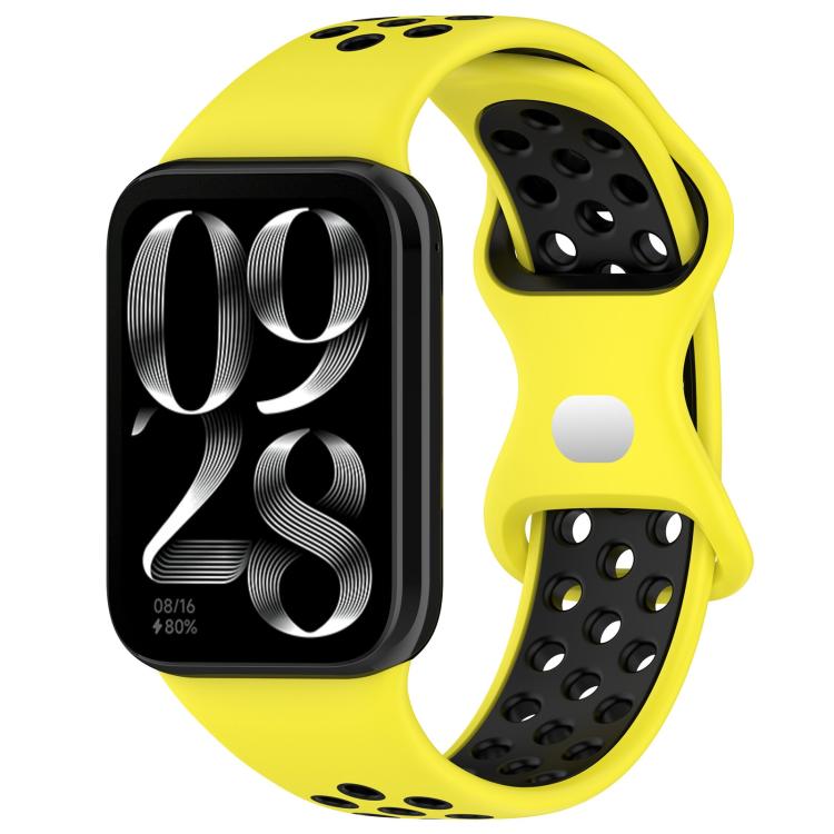 Yellow silicone watch band with black perforated inner side and buckle