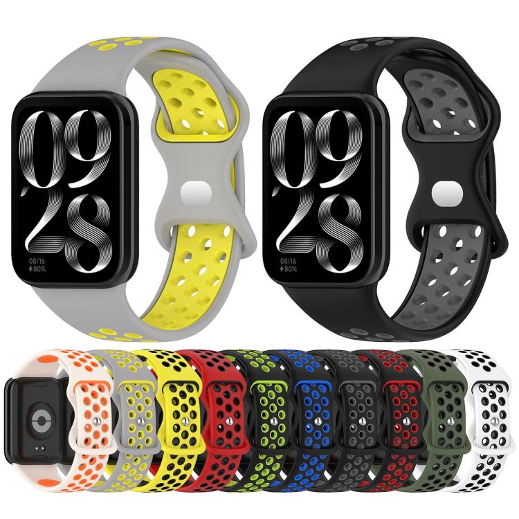 Perforated silicone watch bands shown in several two-tone color combinations