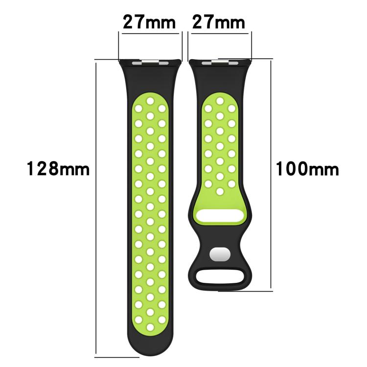 Black and lime green perforated silicone watch band, with strap dimensions shown