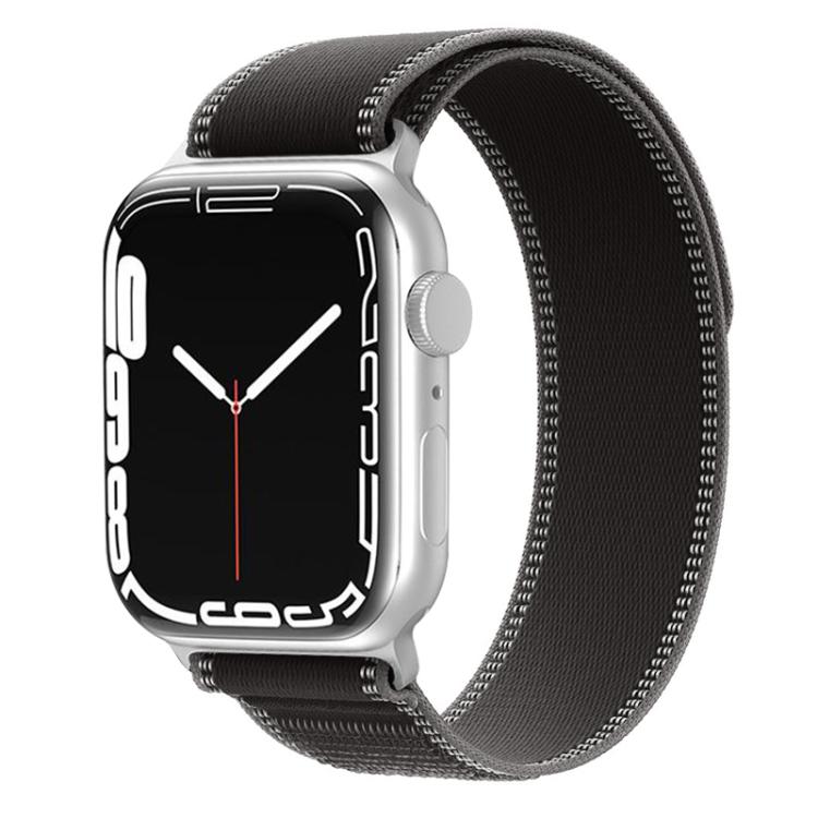 Dual-section black nylon watch band with charcoal stitching.