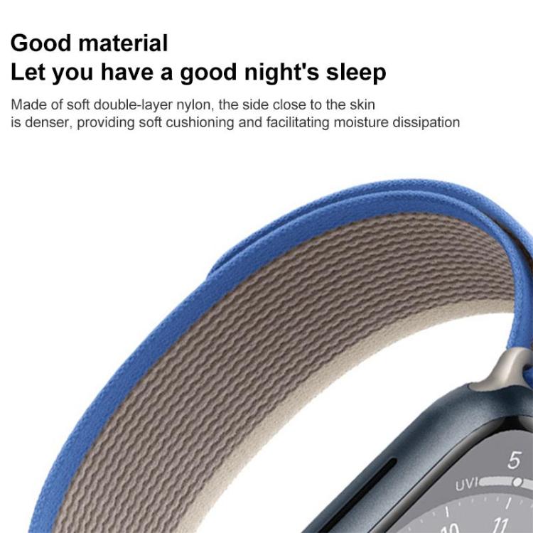 Blue nylon watch band close-up showing its soft, textured inner layer