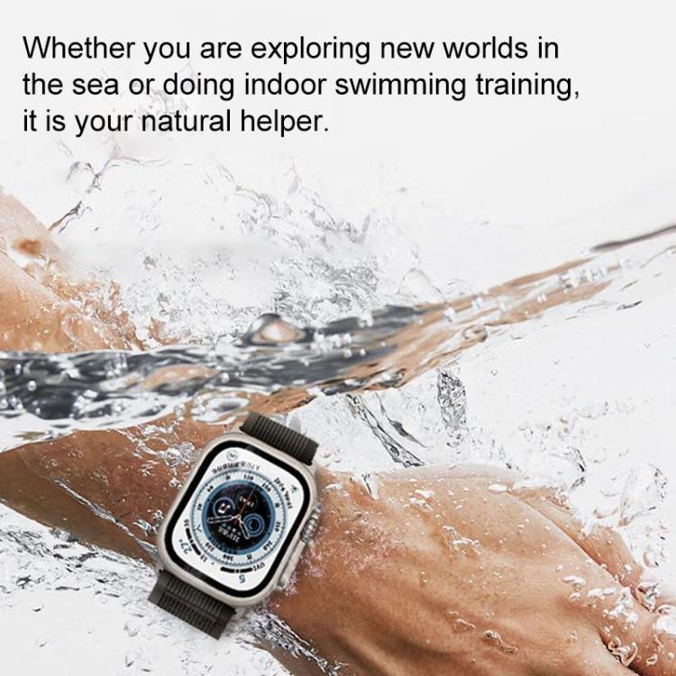 xDfind nylon watch band in dark gray, worn with a smartwatch while swimming