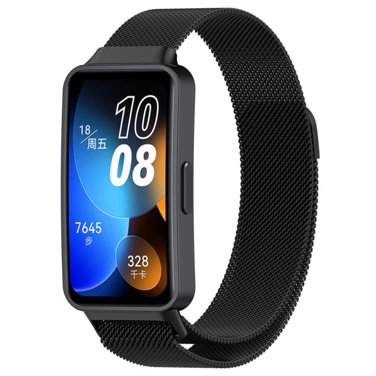 Black Milanese metal watch band fitted to a rectangular fitness tracker.