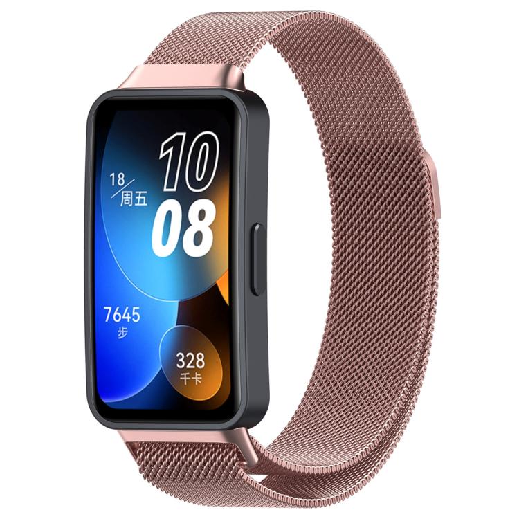 Rose pink mesh metal watch band fitted to a rectangular fitness tracker.