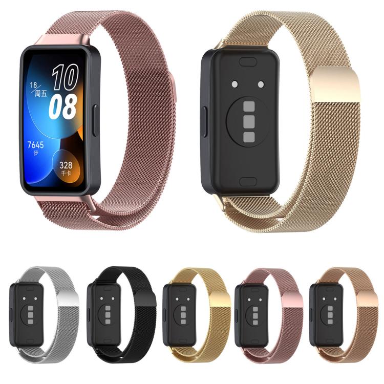 Milanese metal watch bands shown in five colors with a fitness tracker.