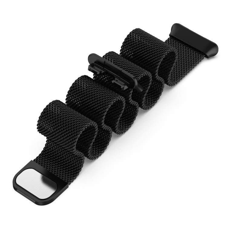 Black Milanese metal watch band with mesh links and adjustable clasp