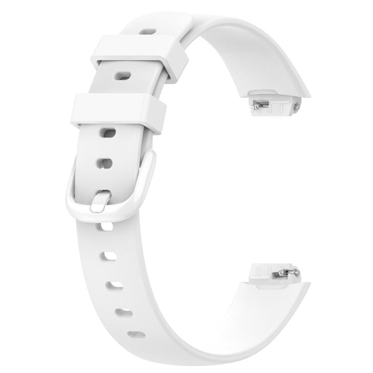 White silicone replacement band for Fitbit Inspire 3, with buckle and adjustment holes