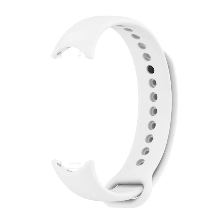 White silicone watch band with adjustment holes and a metal buckle