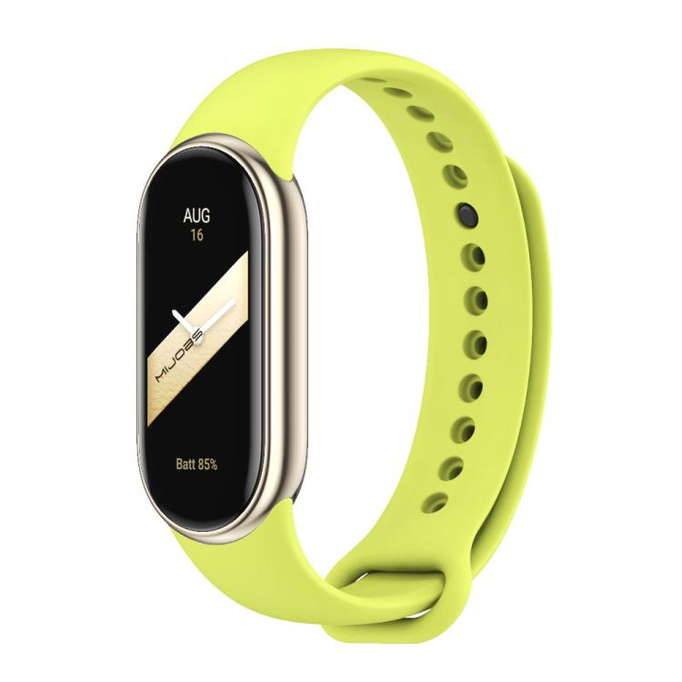 Lime green silicone watch band with adjustment holes and metal buckle