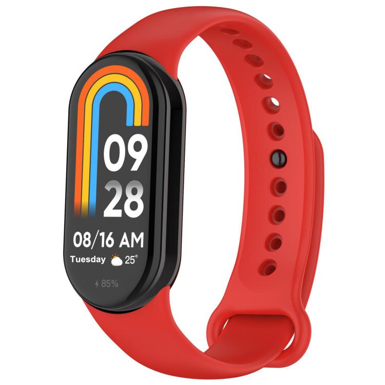 Red silicone watch band with adjustment holes and metal buckle