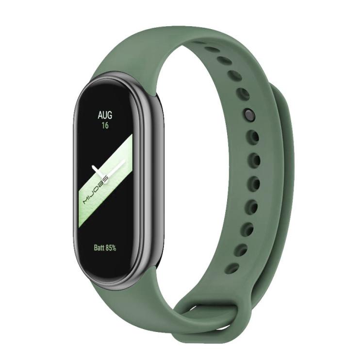 Sage green silicone watch band with adjustment holes and metal buckle